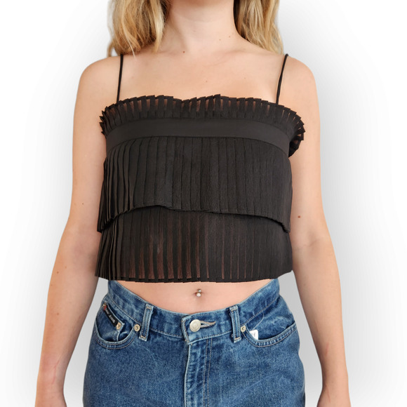 Y2K La' Ros Black Pleated Open Back Crop Tank Blouse M - Picture 1 of 9